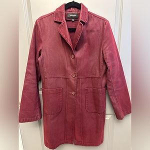 Stretchy maroon / burgundy denim long trench coat size 9/10
